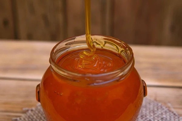 Honey Jar Wooden Background — Stock Photo, Image