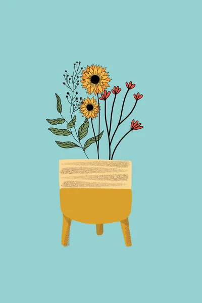 Schöne Blumen Und Pflanzen Einer Vase Auf Blauem Hintergrund Vektorillustration — Stockfoto