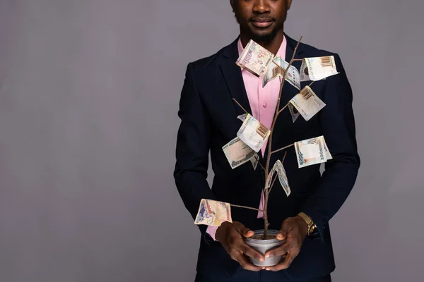 African American Man Money Hands Grey Background — Stock Photo, Image