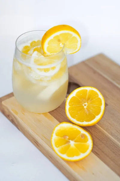 Fresh Lemon Juice Glass Jar White Wooden Table — Stock Photo, Image