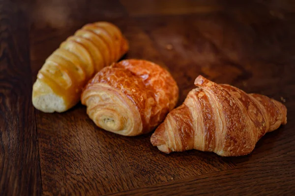 Fresh Croissant Jam Wooden Background — Stock Photo, Image