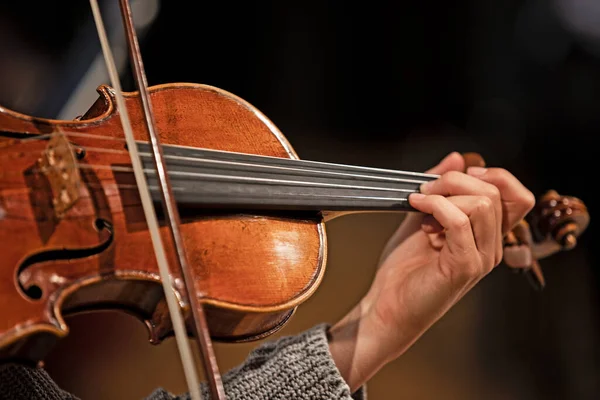 黒い背景にバイオリンとアーティストのクローズアップ — ストック写真