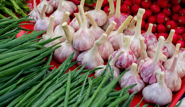 Verdure Fresche Una Bancarella Mercato — Foto Stock