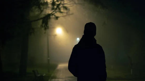 Σιλουέτα Ενός Άντρα Σκούρο Σακάκι Στέκεται Στην Ομίχλη — Φωτογραφία Αρχείου