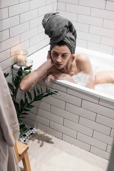 Young Man Bath Towel Bathroom — Stock Photo, Image