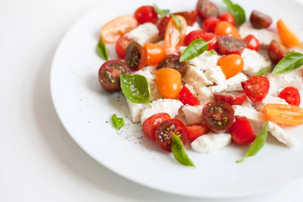 Salat Mit Mozzarella Tomaten Basilikum Und Käse Gesunde Ernährung Ansicht — Stockfoto