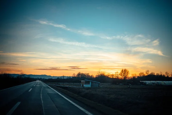 Coucher Soleil Sur Route Campagne — Photo