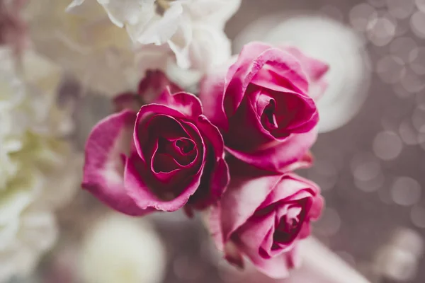 Belles Roses Roses Dans Vase Sur Fond Fenêtre Floue — Photo