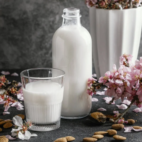 Leche Vaso Frutas Blancas Secas Sobre Fondo Madera — Foto de Stock