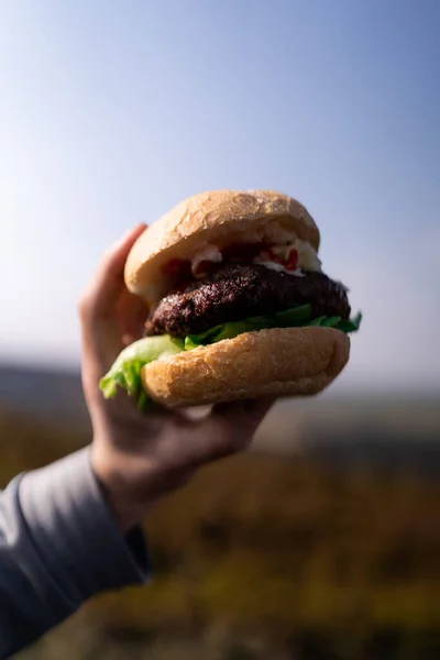Zbliżenie Człowieka Trzymającego Hamburgera Kanapką Dłoni — Zdjęcie stockowe