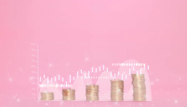 Concepto Negocio Monedas Gráfico Sobre Fondo Rosa Inversión Financiera —  Fotos de Stock