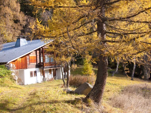 Schöne Herbstlandschaft Mit Einem Holzhaus Hintergrund — Stockfoto