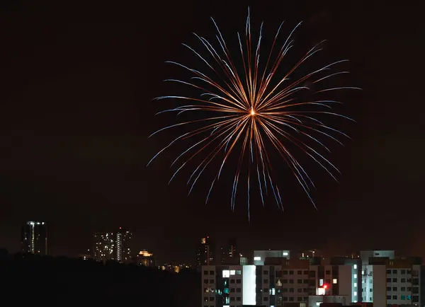 Fuegos Artificiales Colores Cielo Nocturno Hermoso Fuegos Artificiales Festivos —  Fotos de Stock