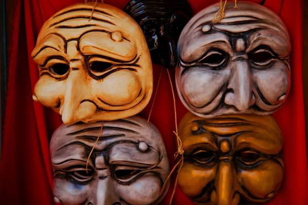 Face Mask Wooden Figures Black Background — Stock Photo, Image