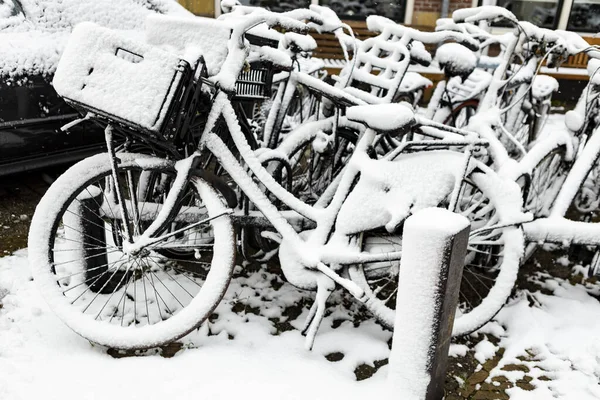 Rowery Śniegu Mieście — Zdjęcie stockowe