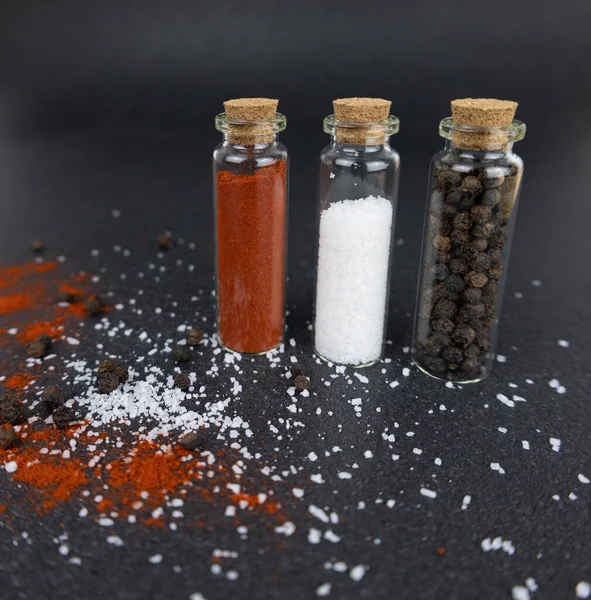 Different Spices Glass Jar Black Background — Stock Photo, Image