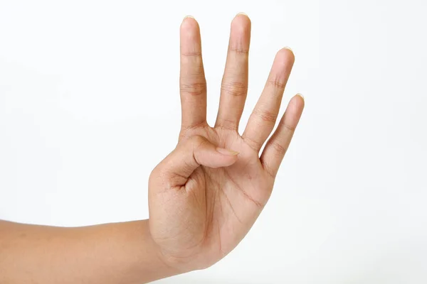 Bir Kadının Elleri Beyaz Arka Planda Parmaklarını Gösteriyor — Stok fotoğraf