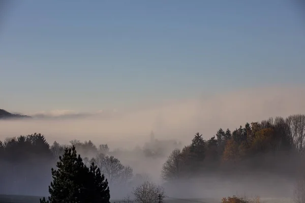 Schöne Landschaft Mit Nebligem Morgen — Stockfoto