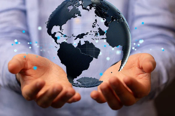 Empresário Segurando Mapa Mundo Com Conceito Rede Global — Fotografia de Stock