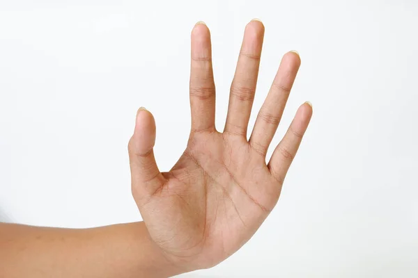 Dłoń Kobiety Pokazująca Palce Białym Tle — Zdjęcie stockowe