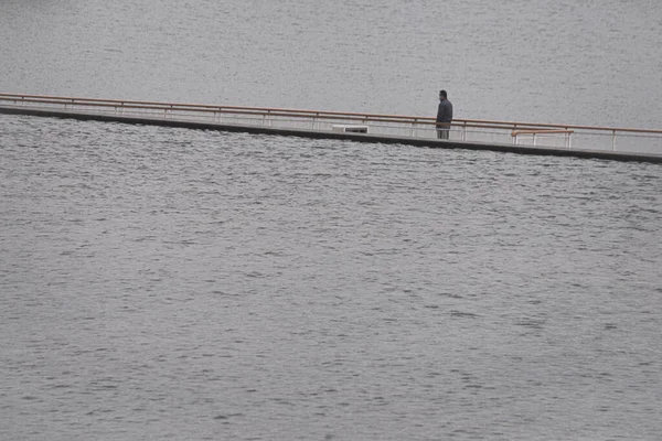 Vertical Shot Young Man Walking Pier — ストック写真