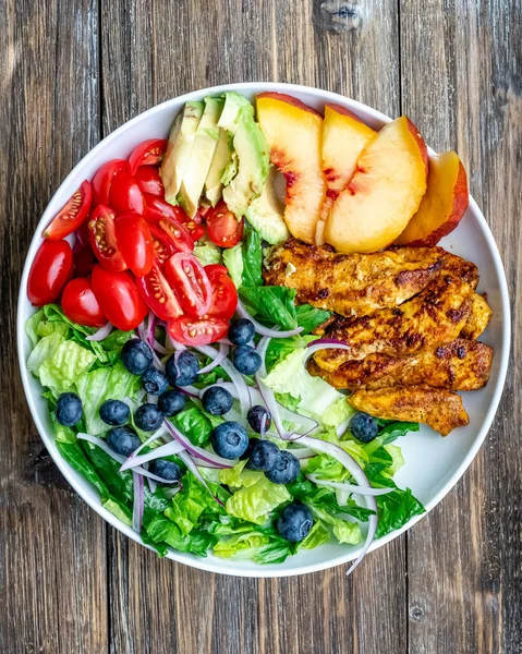 Salad Chicken Vegetables Sauce Wooden Background Top View — Stock Photo, Image