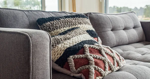 Cozy Interior Living Room Knitted Blanket Scarf — Stock Photo, Image