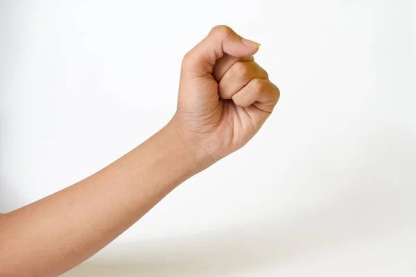 Mano Sosteniendo Cartel Blanco Aislado Sobre Fondo Blanco — Foto de Stock