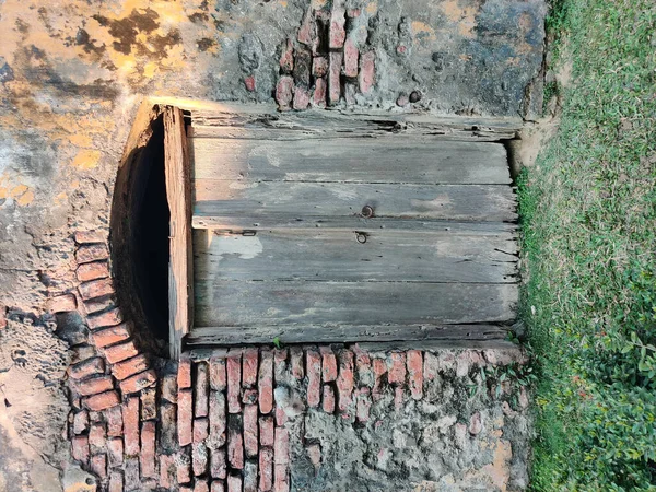 緑の壁を持つ古い木製のドア — ストック写真