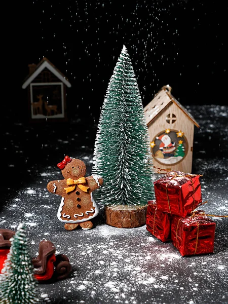 Christmas House Fir Tree Black Background — стоковое фото