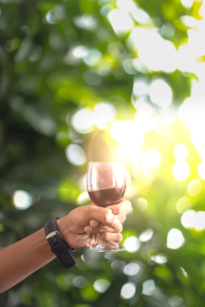 Unga Par Som Håller Glas Med Röda Druvor Bakgrunden Grön — Stockfoto