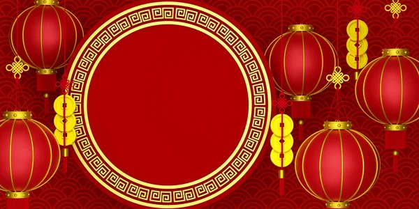 Fundo Ano Novo Chinês Com Lanternas Douradas Fita Vermelha — Fotografia de Stock