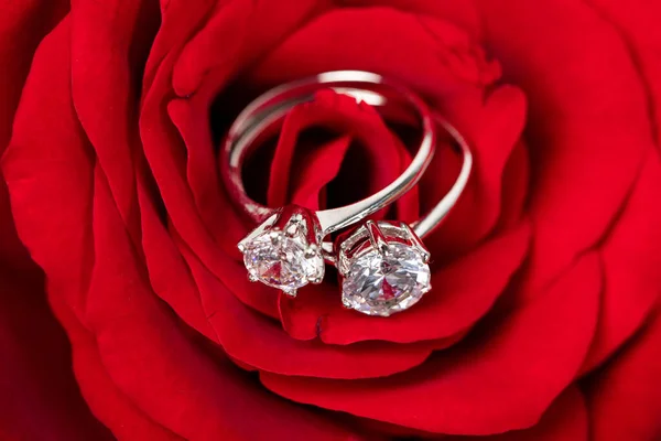 Rosa Vermelha Anéis Casamento Brancos Fundo Preto — Fotografia de Stock