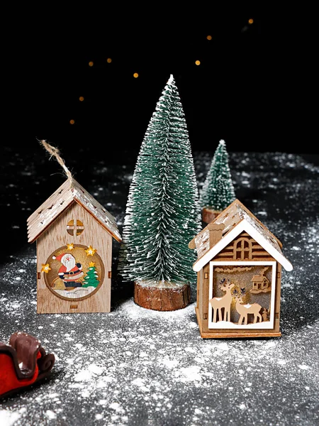 Christmas Tree Gingerbread House Black Background — Stock Photo, Image