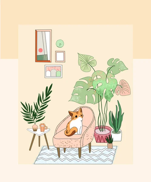 Söt Katt Med Växter Rummet Vektor Illustration Design — Stockfoto