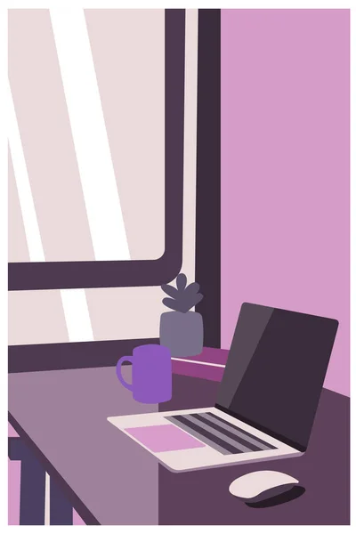 Lugar Trabajo Con Portátil Taza Café Sobre Fondo Blanco Ilustración — Vector de stock