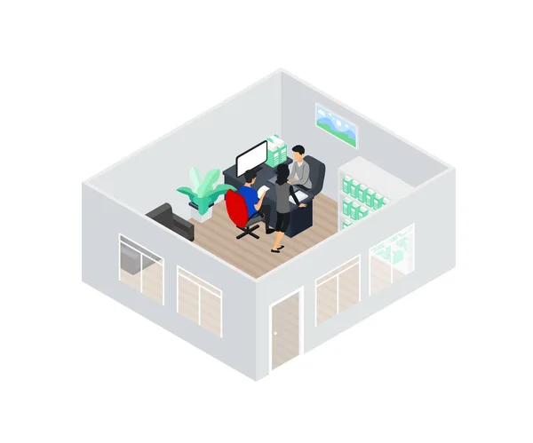 Isometric Office Interior Modern Furniture Table Vector Illustration — Stock Vector