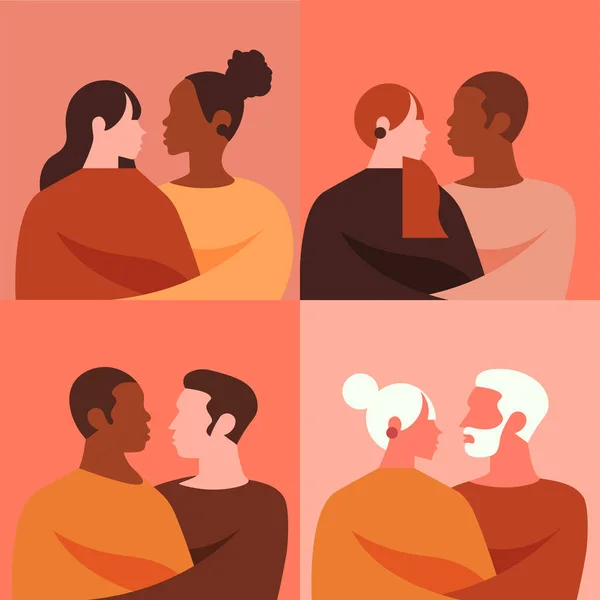 Вектор Этнического Сексуального Разнообразия Пар Обнимающих Друг Друга Понятие Любви — стоковый вектор