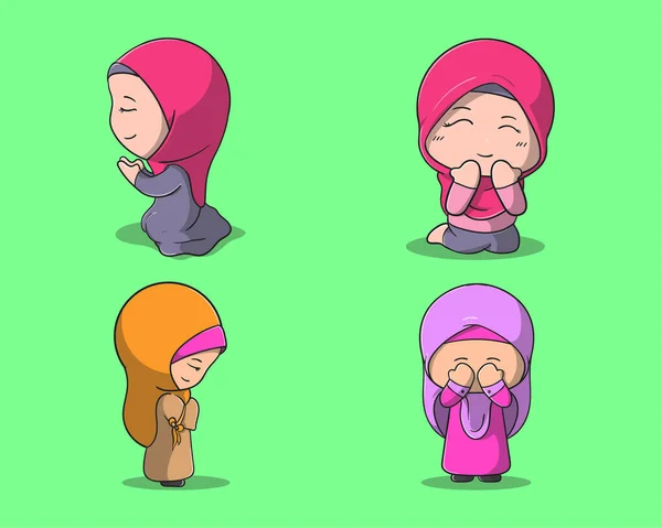Set Van Leuke Stripfiguren Van Moslimvrouwen Vectorillustratie — Stockvector