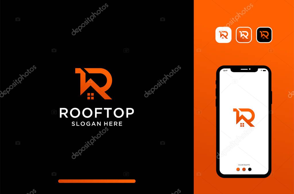 Illustrations of letter or initial r logo design with house roof shape.