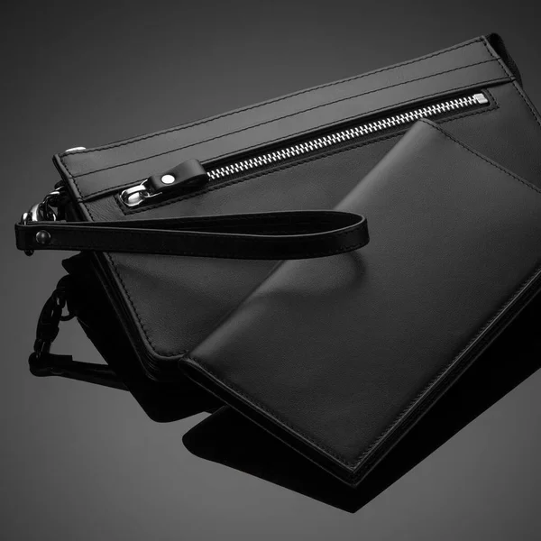 Black Leather Wallet Pen Gray Background — Stock Photo, Image