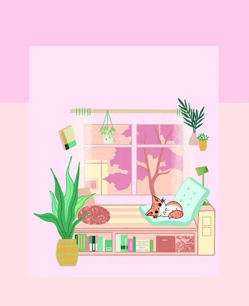 Ilustrasi Sebuah Ruangan Dengan Seekor Kucing Rumah Bunga Vas Bunga — Stok Foto
