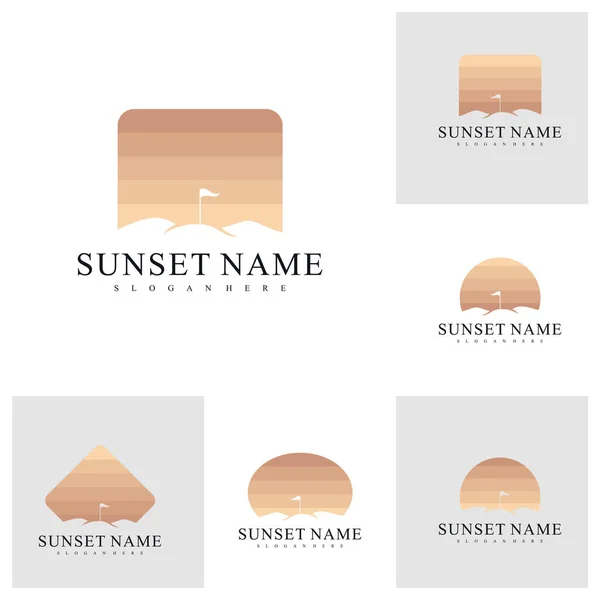 Conjunto Plantilla Vector Diseño Logotipo Montaje Puesta Del Sol Ilustración — Vector de stock