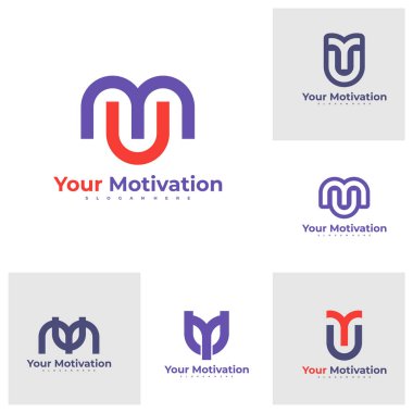 M U harfinin logo tasarım vektör şablonu, İlk MU logosu çizimi.