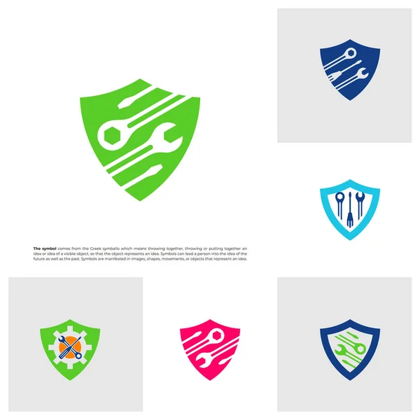 Set Vector Logo Escudo Mecánico Plantilla Concepto Diseño Logotipo Shield — Vector de stock