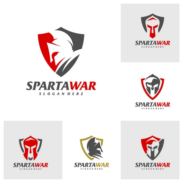 Ensemble Bouclier Spartan Warrior Logo Vector Modèle Conception Spartan Helmet — Image vectorielle