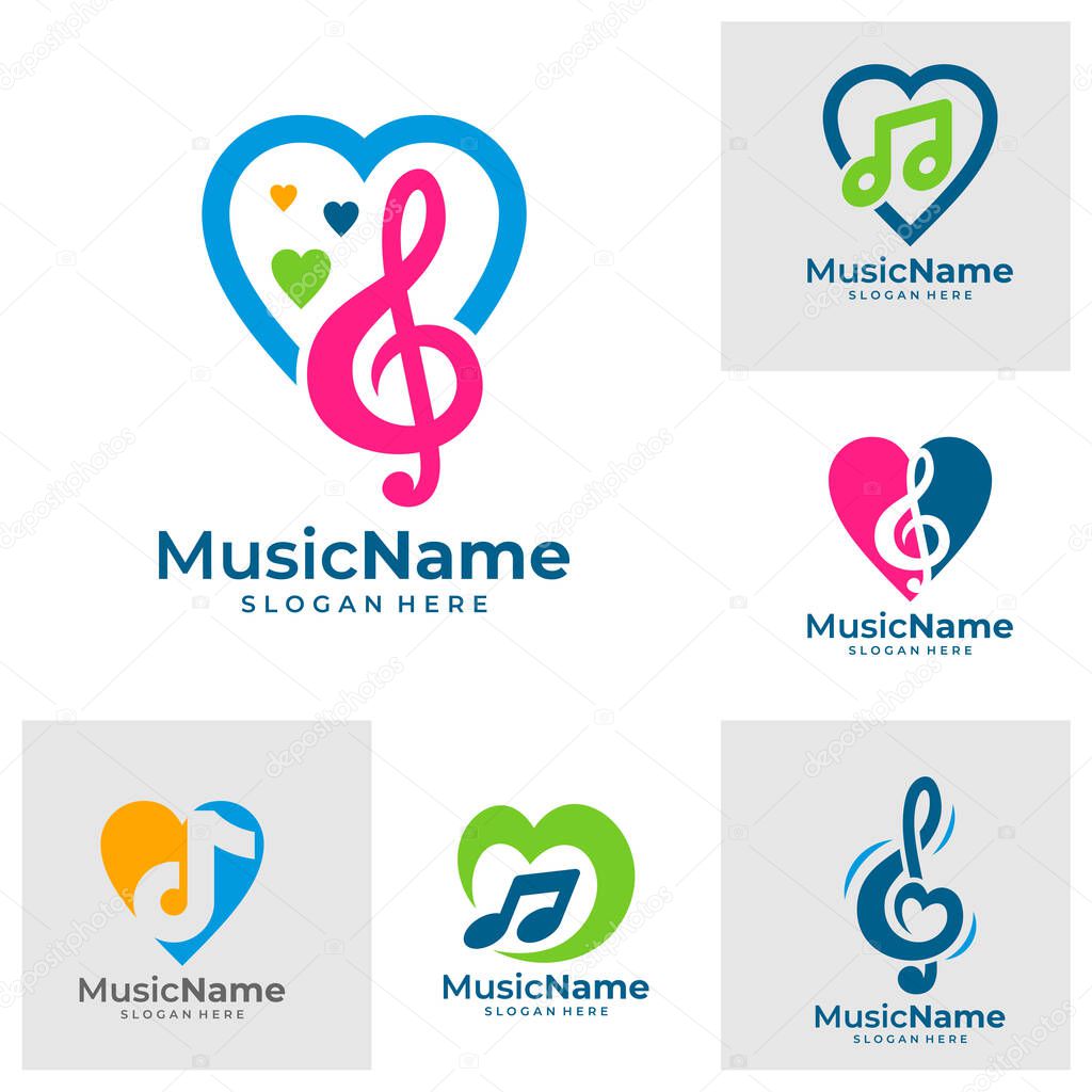 Set of Music key and heart abstract hand drawn vector logo and icon. Musical theme flat design template. Isolated on the white background