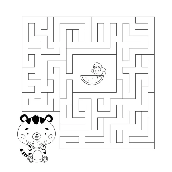 Coloring page with maze game for kids. Help the tiger find right way to watermelon and parrot. Summer activity worksheet. Cartoon kawaii animals character. Vector illustration. — Stock Vector