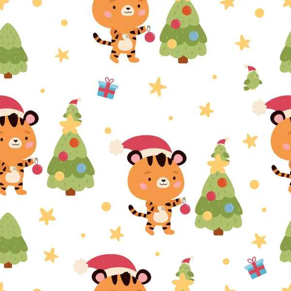 Sömlöst mönster med söt tiger, papegoja, julklappar och julgran. Kinesiska nyåret symbol. Söta seriefigurer. Vektorillustration. — Stock vektor