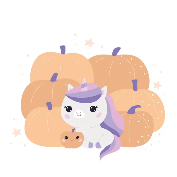 Carino unicorno cartone animato con zucche di Halloween. Personaggi Kawaii. Vacanze d'autunno. Illustrazione vettoriale per stampe di t-shirt, biglietti di auguri e inviti. — Vettoriale Stock